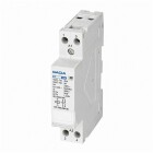 Gacia kontaktor 2NO 20A 230VAC 1 modul, visad snett framifr�n mot vit bakgrund. Produkten presenteras som en kompakt DIN-skenemonterad kontaktor f�r styrning av elektriska laster, tillg�nglig hos Elbutik.se f�r installation i elcentraler och automationsl�sningar.