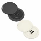 EvolineOneUSBC visas som en svart och vit bordsmodul med uppf�llbart lock som exponerar dubbla USB-C/A-uttag. Elbutik.se erbjuder l�sningen f�r diskret str�m- och laddningsanslutning i skrivbord, k�k och arbetsytor med stilren design.