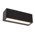 En svart Sutton V�gglampa Solcell 1,5W med avl�ng rektangul�r design visas mot vit bakgrund. Elbutik.se erbjuder den soldrivna armaturen som ger ned�triktad belysning f�r fasader, entr�er och uteplatser.