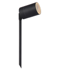 En svart Arne LED Markspotlight med markspett visas mot vit bakgrund. Elbutik.se erbjuder markspotlighten f�r riktad utomhusbelysning av planteringar, g�ngar och fasader med integrerad energieffektiv LED-teknik.