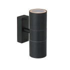En svart Arne LED V�gglampa Dubbel visas mot vit bakgrund med cylindrisk armatur som sprider ljus upp�t och ned�t. Elbutik.se erbjuder modellen f�r modern fasadbelysning med integrerad energieffektiv LED.