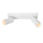 En vit takspotlight med tv� riktbara cylindriska spotlights �r monterad p� en rektangul�r takplatta och visas mot vit bakgrund. Elbutik.se erbjuder armaturen f�r flexibel och riktad belysning i moderna inomhusmilj�er.