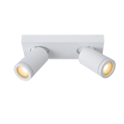 En vit takspotlight med tv� riktbara cylindriska spotlights �r monterad p� en rektangul�r takplatta och visas mot vit bakgrund. Elbutik.se erbjuder armaturen med IP44-klassning f�r flexibel och riktad belysning i badrum och andra inomhusmilj�er.