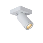 En vit takspotlight med en riktbar cylindrisk spotlight �r monterad p� en kvadratisk takplatta och visas mot vit bakgrund. Elbutik.se erbjuder armaturen med IP44-klassning f�r flexibel och riktad belysning i badrum och andra inomhusmilj�er.