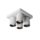 En vit takspotlight med fyra cylindriska riktbara spotlights �r monterad p� en kvadratisk takplatta och visas mot vit bakgrund. Elbutik.se erbjuder armaturen f�r flexibel och riktad belysning i moderna inomhusmilj�er.