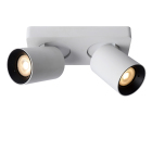 En vit takspotlight med tv� cylindriska riktbara spotlights �r monterad p� en rektangul�r takplatta och visas mot vit bakgrund. Elbutik.se erbjuder armaturen f�r flexibel och riktad belysning i moderna inomhusmilj�er.