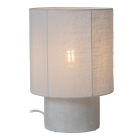 En bordslampa med cylindrisk gr� textilsk�rm och rund bas st�r t�nd mot vit bakgrund. Elbutik.se erbjuder lampan som ger ett mjukt, behagligt ljus och passar p� exempelvis nattduksbord eller sidobord.