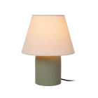 En bordslampa med gr�n cylindrisk fot och konformad textilsk�rm st�r t�nd mot vit bakgrund. Elbutik.se erbjuder lampan som ger ett mjukt, behagligt ljus och passar p� nattduksbord, sidobord eller skrivbord.