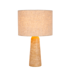 En bordslampa med cylindrisk textilsk�rm och konformad fot i travertinliknande utf�rande st�r t�nd mot vit bakgrund. Elbutik.se erbjuder lampan som ger ett mjukt, behagligt ljus och en naturlig k�nsla i rummet.