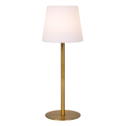 En h�g portabel bordslampa visas frilagd med smal metallstam i m�ssingston, rund fot och vit sk�rm som sprider ett mjukt ljus. Elbutik.se presenterar modellen som stilren st�mningsbelysning f�r bord och uteplatser.