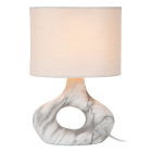 Lucide Tomeo Bordslampa E14 visas frilagd med ljus cylindrisk sk�rm och skulptural, marmorerad fot med rund �ppning i mitten. Elbutik.se presenterar modellen som dekorativ st�mningsbelysning f�r sidobord, f�nsterbr�dor eller sovrum.