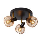 Lucide Maren 3L Takspotlight visas frilagd med rund svart takkopp och tre riktbara lamphuvuden med perforerade sk�rmar i guldf�rgad ton. Elbutik.se presenterar armaturen som dekorativ punktbelysning f�r moderna interi�rer.