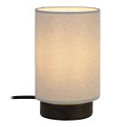 Lucide Albane 12 bordslampa E14 i ljust tr� och linne, modellbild 06531-16-70_dGe7Sj, visas framifr�n mot vit bakgrund med cylindrisk beige sk�rm och m�rk fot. Elbutik.se erbjuder lampan f�r st�mningsfull bordsbelysning i hemmet.