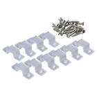 Hide-a-lite Clips IP67 230V/Heat 12mm 10st visas som transparenta monteringsclips tillsammans med tillh�rande skruvar mot vit bakgrund. Clipsen fr�n Elbutik.se anv�nds f�r s�ker och diskret montering av kompatibel 12 mm LEDstrip.