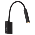 Svart v�gglampa med rektangul�rt v�ggf�ste, b�jlig arm och cylindrisk lamph�llare med ljus insida.