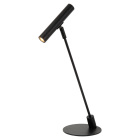 Svart bordslampa med rund fot, smal vinklad arm och cylindrisk lamph�llare riktad ned�t.