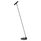 Svart golvlampa med rund fot, l�ng smal st�ng och cylindrisk lamph�llare riktad ned�t.