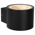 Lucide Oxford V�gglampa IP54 Svart visas snett framifr�n mot vit bakgrund med svart cylindrisk lampkropp, runt �ppet ljusutsl�pp och rektangul�rt v�ggf�ste. Elbutik.se erbjuder den kompakta v�gglampan f�r riktad belysning vid exempelvis entr� eller fasad.