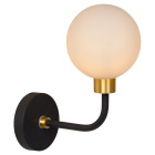 Lucide Berend V�gglampa IP44 G9 Svart visas frilagd fr�n sidan med rund ljus kupa, svart b�jd arm och guldf�rgad detalj. Elbutik.se erbjuder den stilrena v�gglampan f�r dekorativ belysning.
