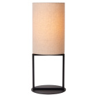 Bordslampa med beige cylindrisk lampsk�rm, svart rektangul�r stomme och rund svart fot.