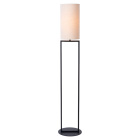 Golvlampa med beige cylindrisk lampsk�rm, svart smal stomme och rund svart fot.