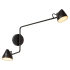 Svart v�gglampa med tv� konformade lamphuvuden p� justerbara armar.