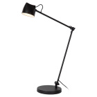  Svart l�slampa med rund fot, vinklad arm och konformad sk�rm.