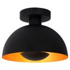 Svart taklampa med bred rundad sk�rm och orange insida.