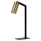 Svart bordslampa med rund fot, vinklad arm och cylinderformat lamphuvud i m�ssingsf�rg.