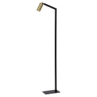 Svart golvlampa med rund fot, l�ng smal arm och cylinderformat lamphuvud i m�ssingsf�rg.