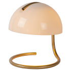 Vit bordslampa med kupolformad sk�rm och b�jd orange fot.
