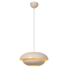 Ljus pendellampa med rund, l�g sk�rm och l�ng sladd.