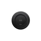Svart EVOline Qcharger Tr�dl�s Laddare visas ovanifr�n mot vit bakgrund. Den kompakta, runda laddaren har en diskret symbol p� ovansidan. Elbutik.se erbjuder denna tr�dl�sa laddare f�r smidig laddning av kompatibla enheter.