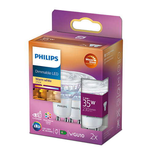 Philips LED Spot 2,6W GU10 270lm 2200-2700K WarmGlow 2-pack