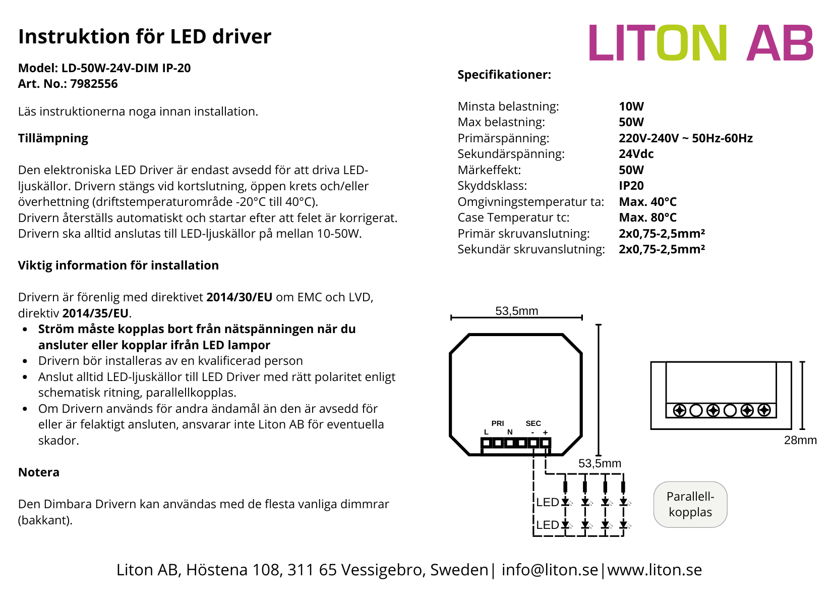 Liton Drivdon 24V 10-50W Dim | Elbutik