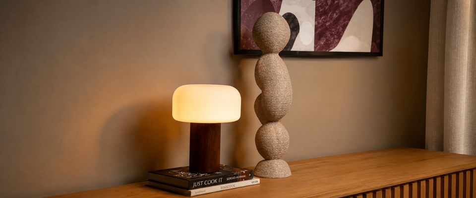 Mysbelysning i vardagsrum med golvlampa och bordslampa vid soffan