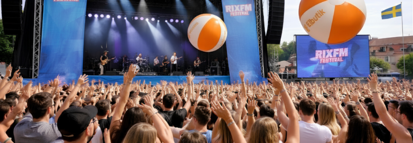 Festivalbes&ouml;kare h&aring;ller orange solfj&auml;drar med Elbutik-logotyp framf&ouml;r scenen p&aring; RIX FM Festival, d&auml;r Elbutik.se syns i en somrig och social festivalmilj&ouml;.