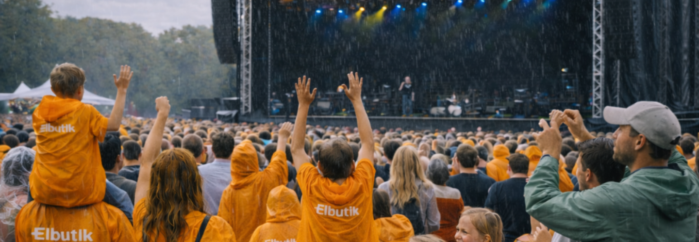Festivalpublik i regn framf&ouml;r scenen p&aring; RIX FM Festival, d&auml;r flera bes&ouml;kare b&auml;r orange ponchos med Elbutik-logotyp och Elbutik.se syns i en levande sommarfestivalmilj&ouml;.