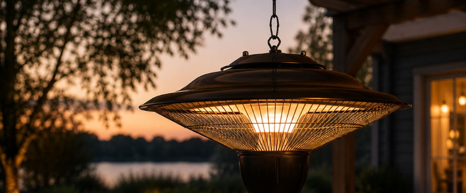 En h&auml;ngande utev&auml;rmare med integrerad belysning lyser varmt i skymningen och sprider behaglig v&auml;rme. Produkten, tillg&auml;nglig hos Elbutik.se, &auml;r placerad n&auml;ra en altan med sj&ouml;utsikt, omgiven av tr&auml;d och ett upplyst hus.