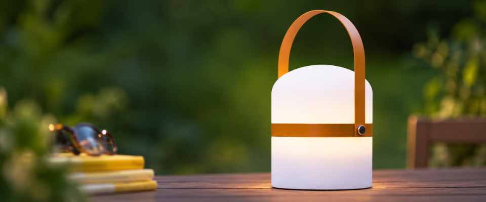 Lysande vit portabel lampa med orange handtag p&aring; ett tr&auml;bord utomhus, med gr&ouml;nska i bakgrunden.