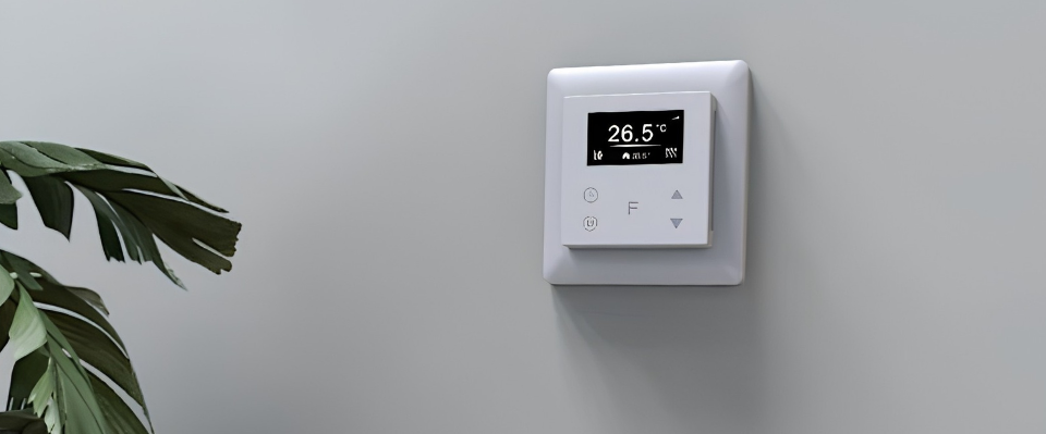 Vit digital termostat monterad p&aring; en v&auml;gg med display som visar 26,5 grader.